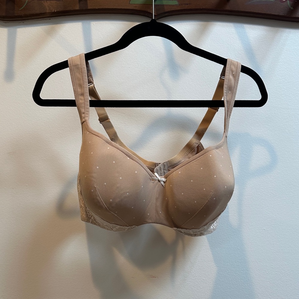Cacique Tan Polka Dot Lace Trim Full Coverage Underwire Bra 44D